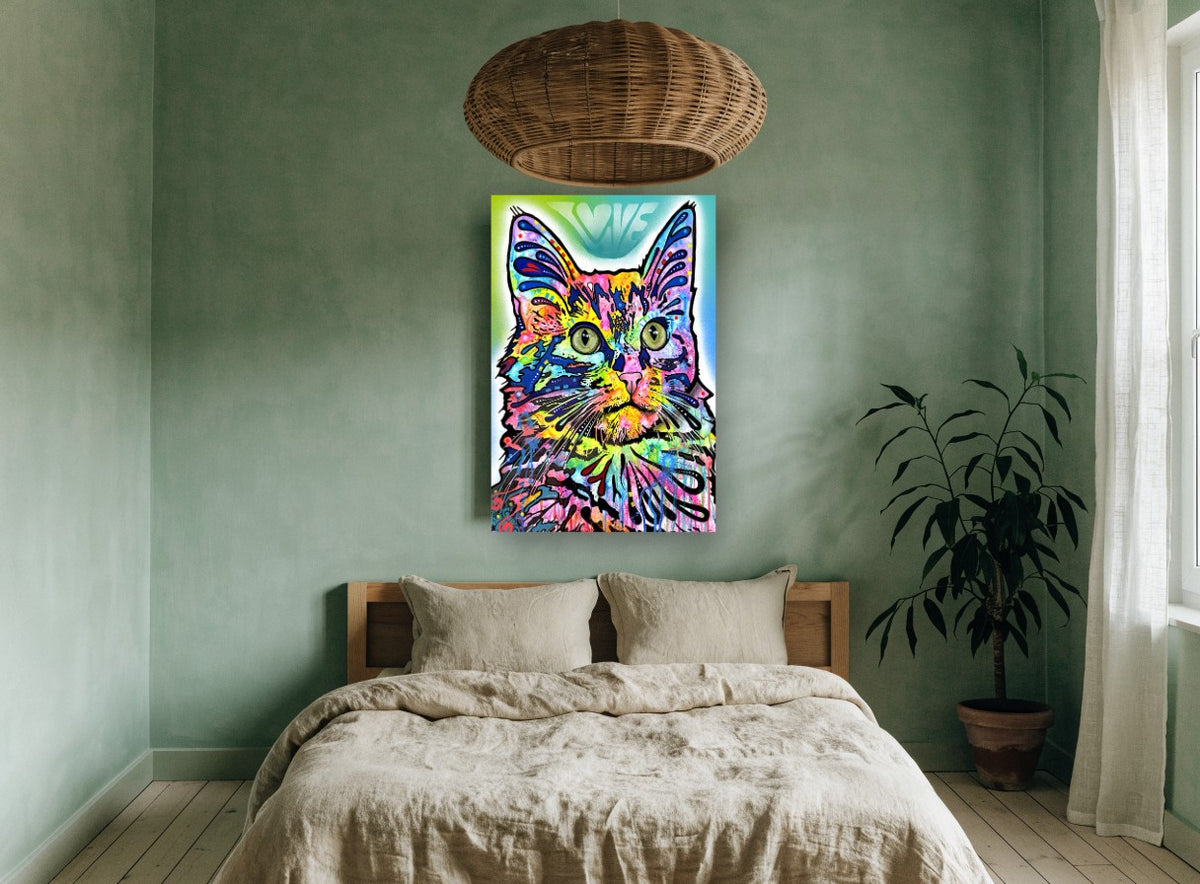 Technicolour Love Cat animal canvas print on the wall of a bedroom