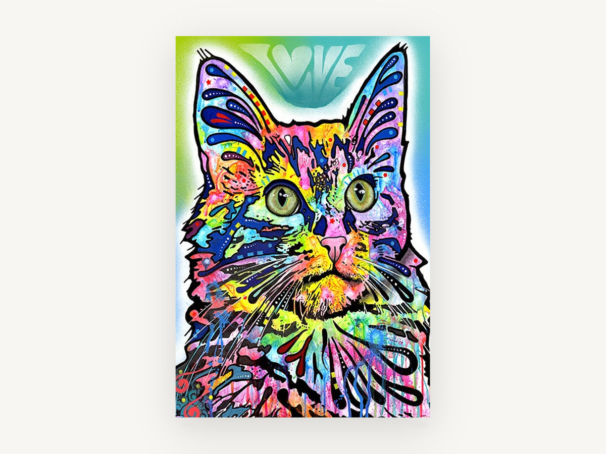 Technicolour Love Cat, colourful pop art cat portrait, animal canvas wall art print, front view
