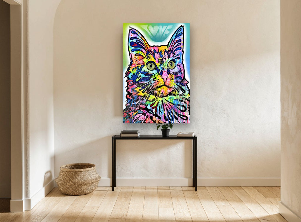Technicolour Love Cat animal canvas print on the wall of a hallway
