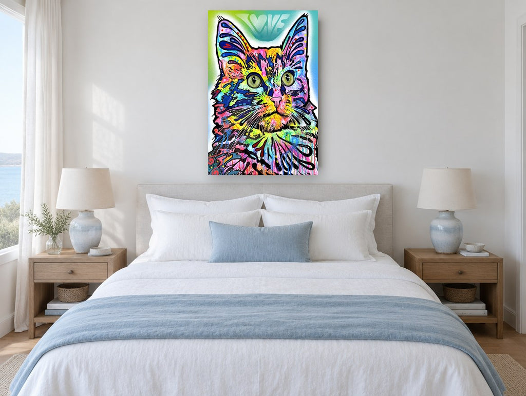 Technicolour Love Cat animal canvas print on the wall of a bedroom