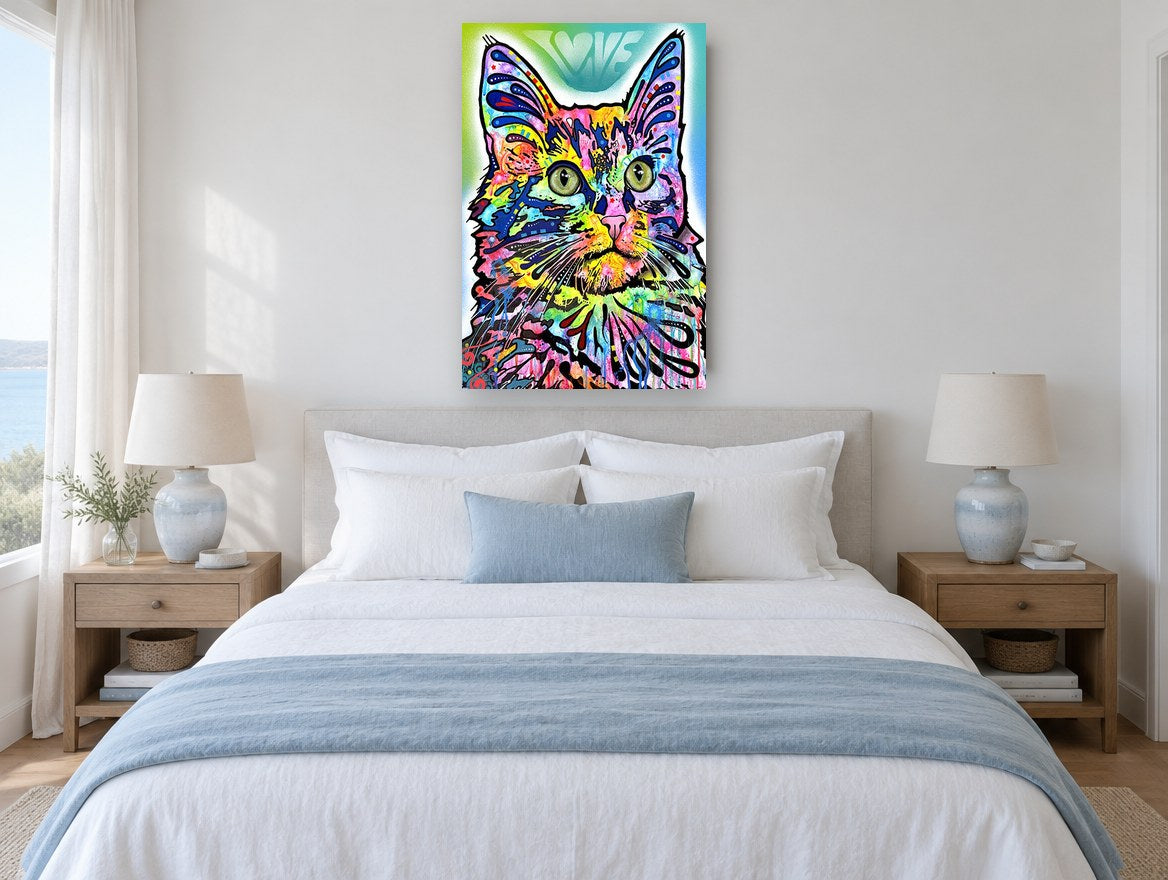 Technicolour Love Cat animal canvas print on the wall of a bedroom