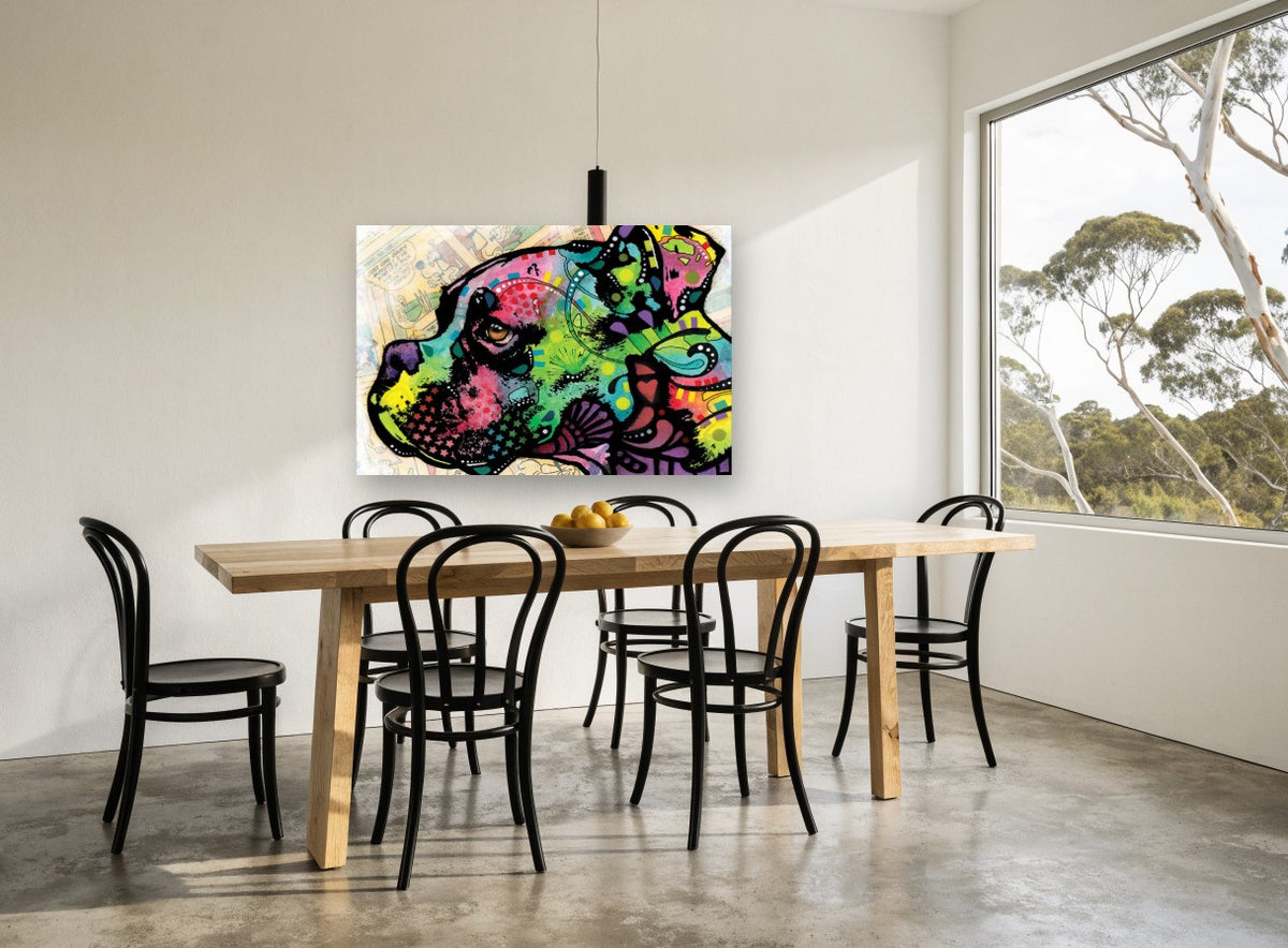 Neon Boxer in Profile animal canvas print on the wall of a dining room