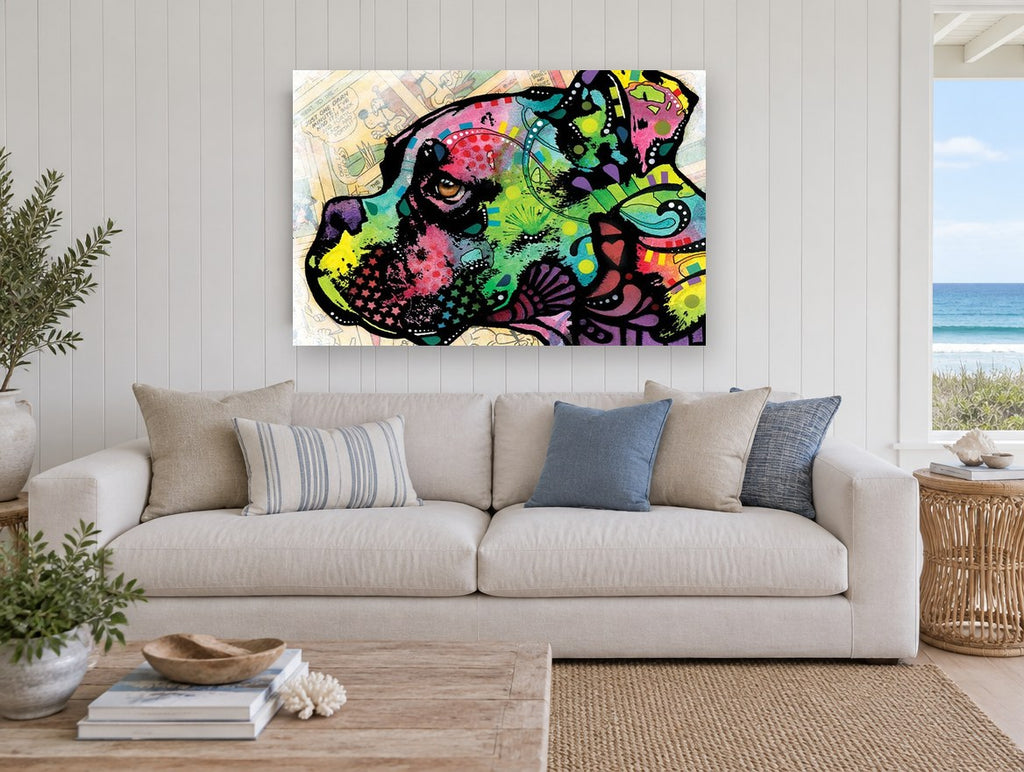 Neon Boxer in Profile animal canvas print on the wall of a beach house living room