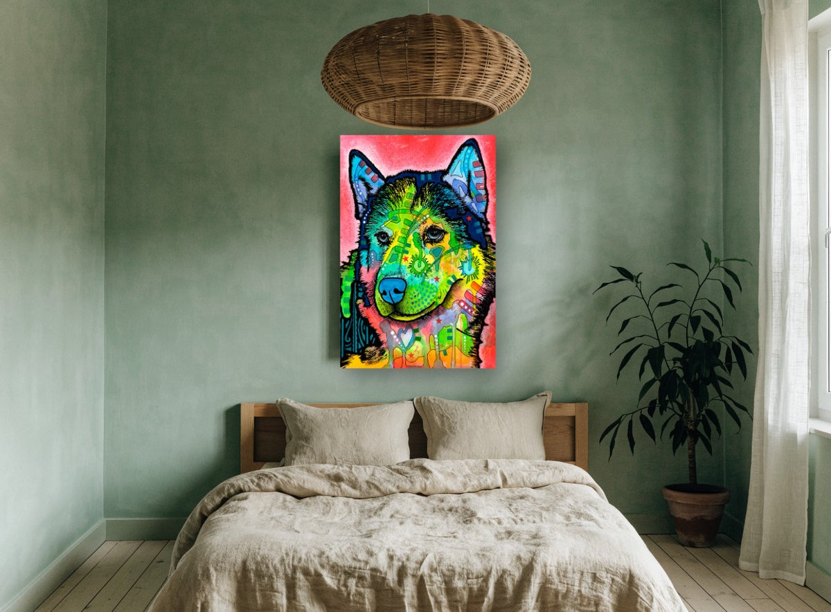 Neon Husky Portrait animal canvas print on the wall of a bedroom