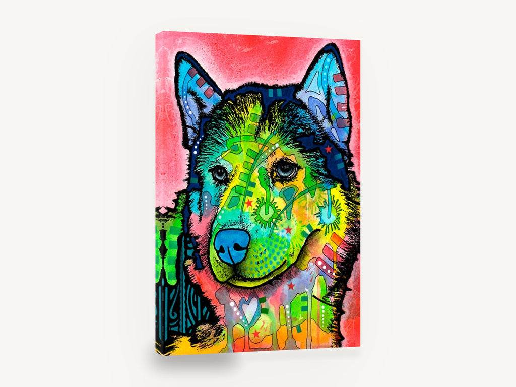 Neon Husky Portrait, pop art husky dog illustration, animal canvas wall art print ready to hang