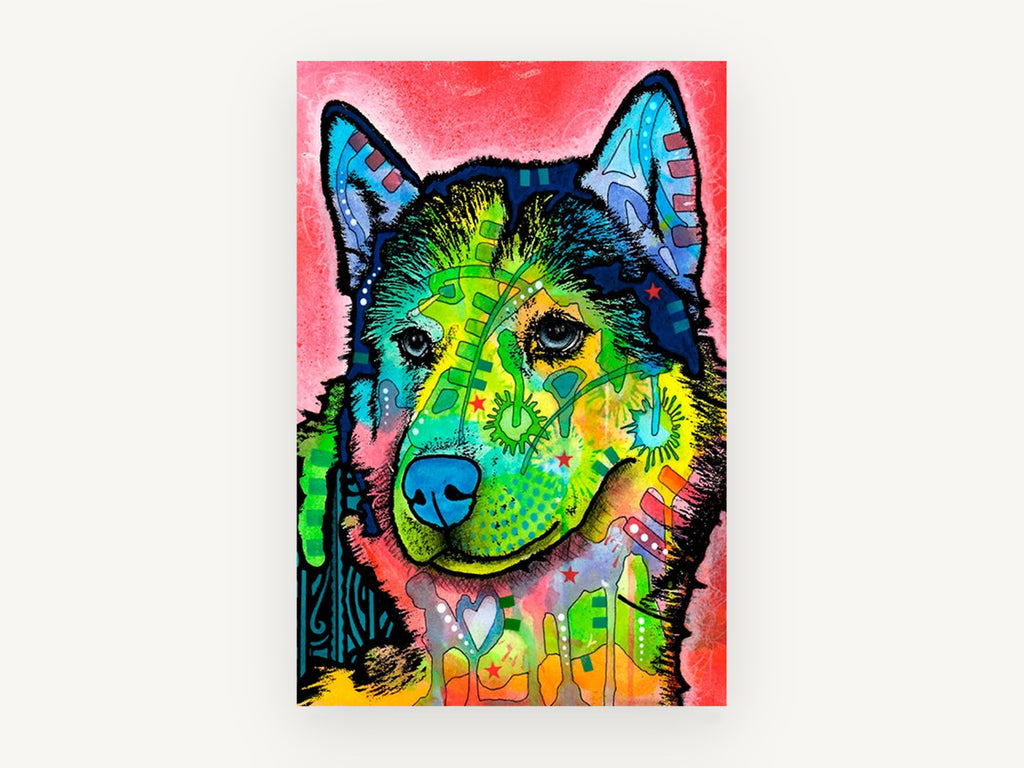 Neon Husky Portrait, pop art husky dog illustration, animal canvas wall art print, front view