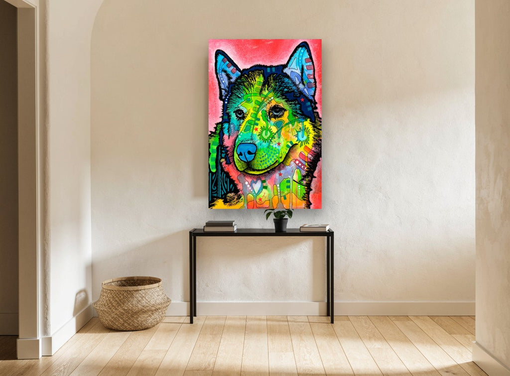 Neon Husky Portrait animal canvas print on the wall of a hallway