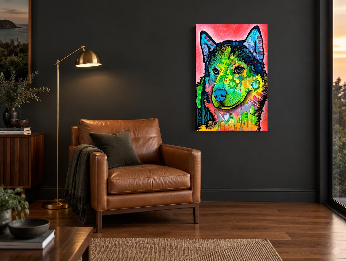 Neon Husky Portrait animal canvas print on the wall of a charcoal living room