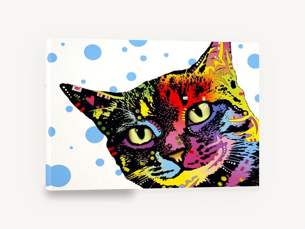 Polka Dot Pop Cat, colourful pop art cat illustration, animal canvas wall art print ready to hang