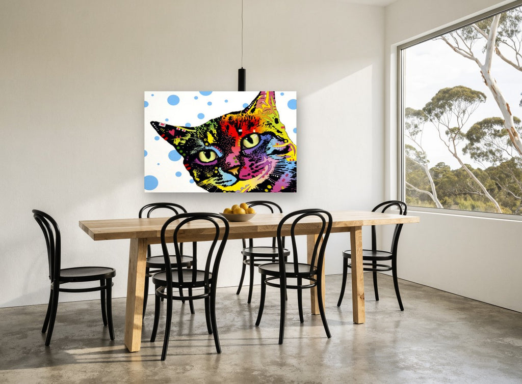 Polka Dot Pop Cat animal canvas print on the wall of a dining room
