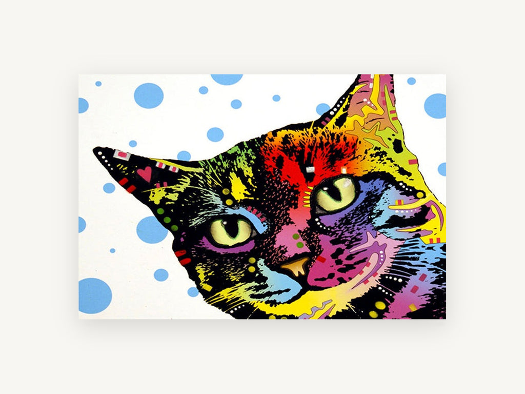 Polka Dot Pop Cat, colourful pop art cat illustration, animal canvas wall art print, front view