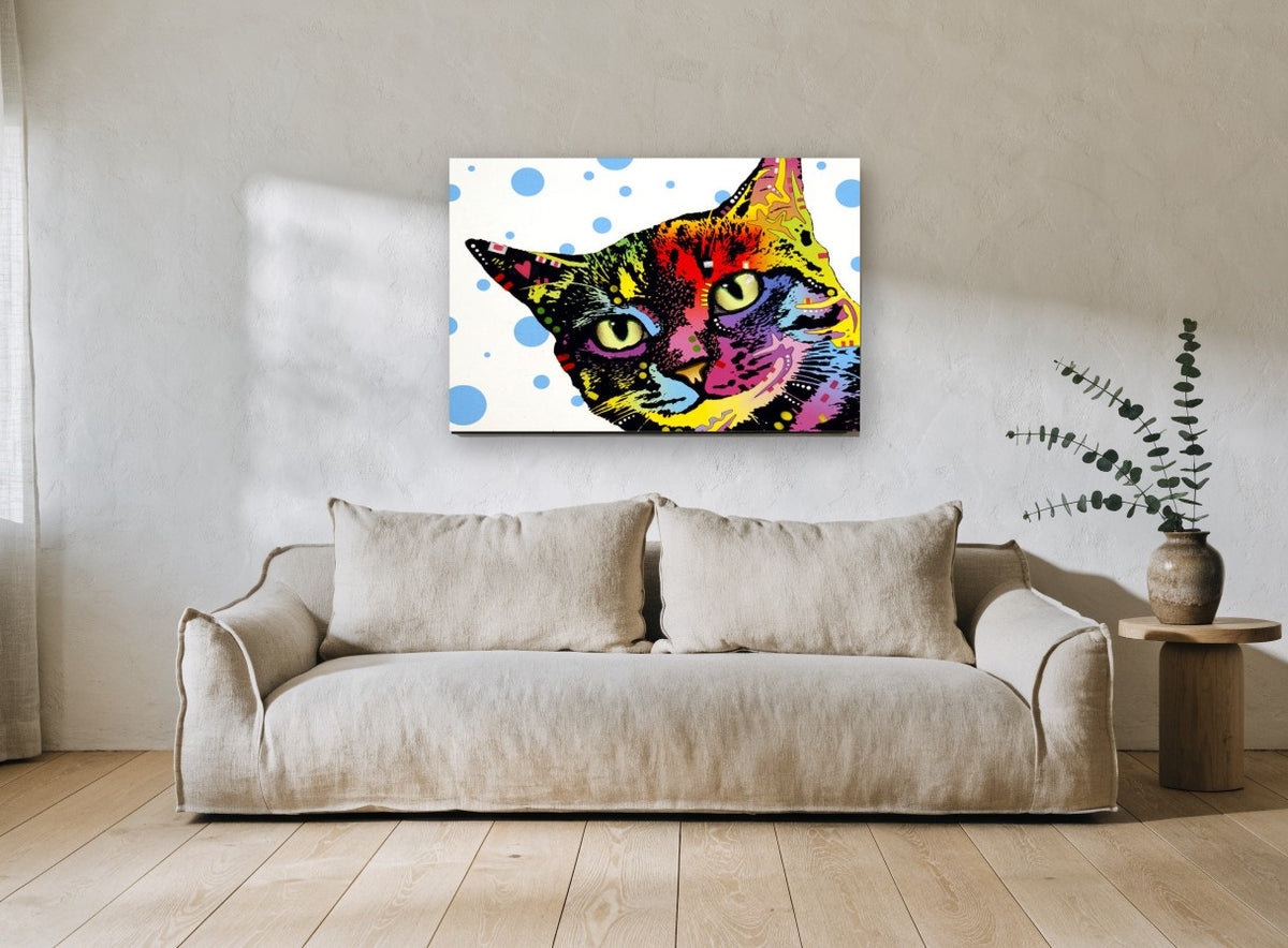 Polka Dot Pop Cat animal canvas print on the wall of a living room