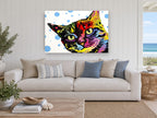 Polka Dot Pop Cat animal canvas print on the wall of a beach house living room