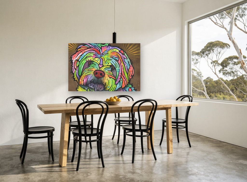 Rainbow Shih Tzu Gaze animal canvas print on the wall of a dining room