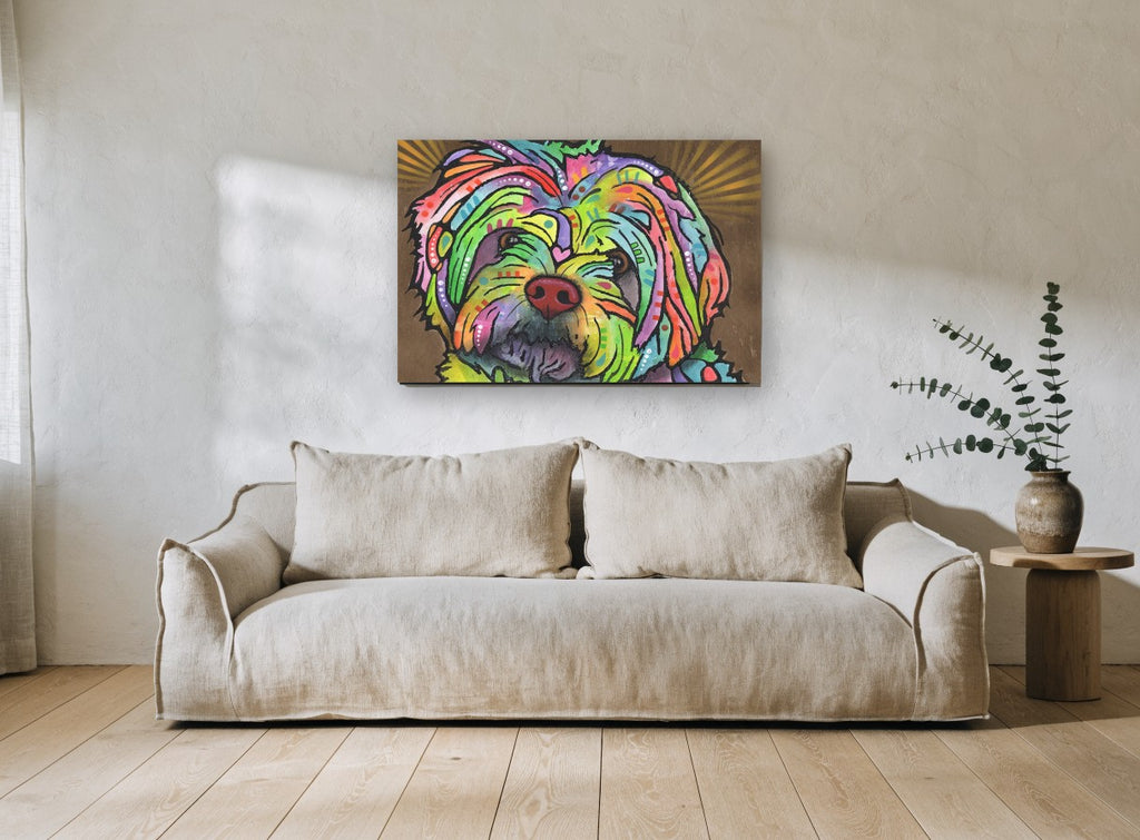 Rainbow Shih Tzu Gaze animal canvas print on the wall of a living room