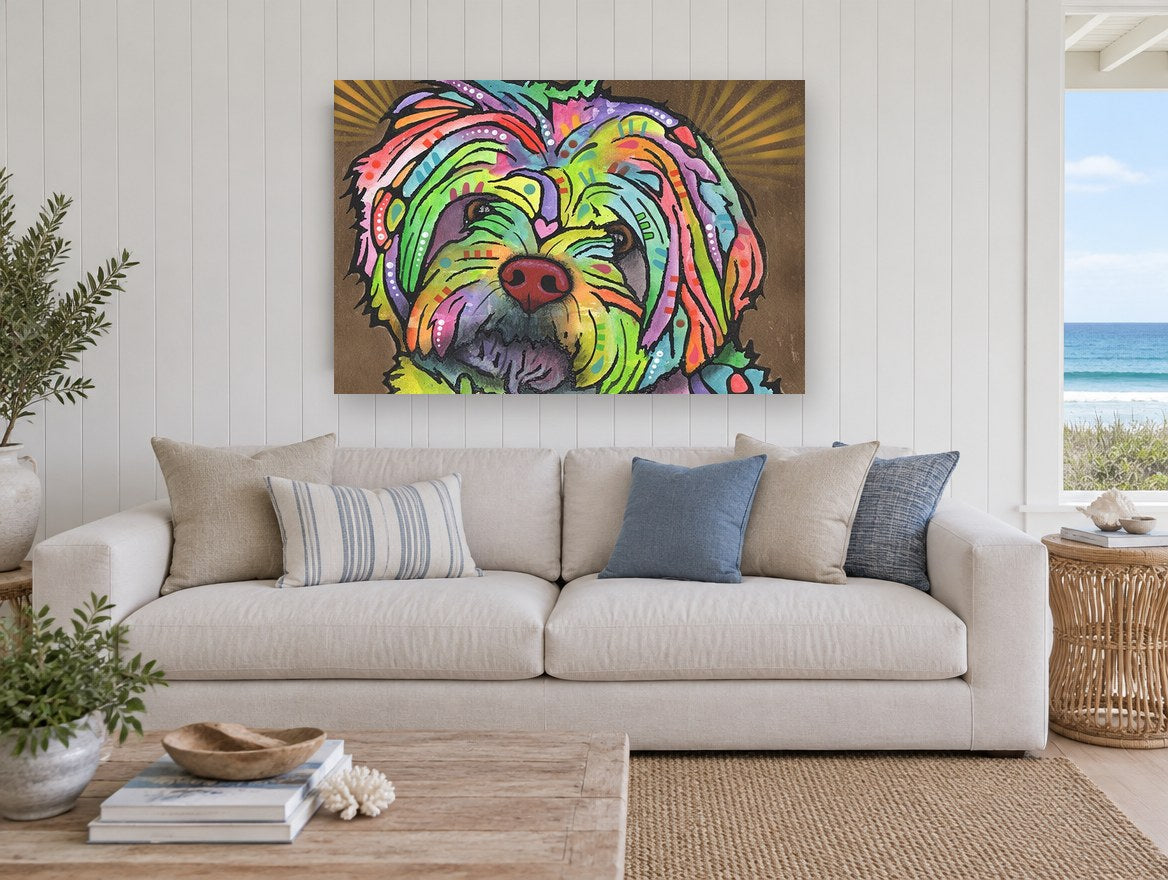 Rainbow Shih Tzu Gaze animal canvas print on the wall of a beach house living room