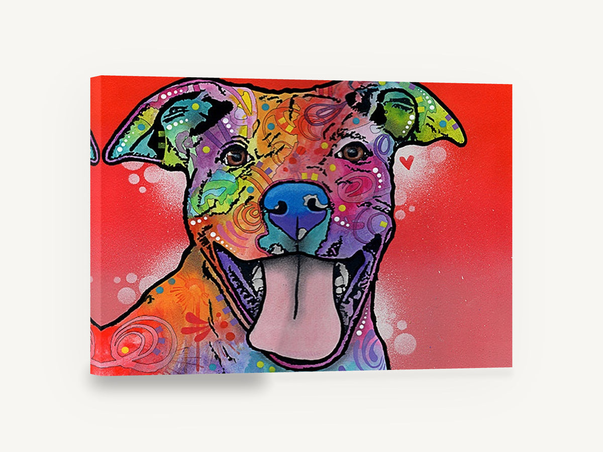 Grinning Rainbow Pitbull, colourful pop art pitbull portrait, animal canvas wall art print ready to hang