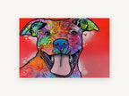 Grinning Rainbow Pitbull, colourful pop art pitbull portrait, animal canvas wall art print, front view