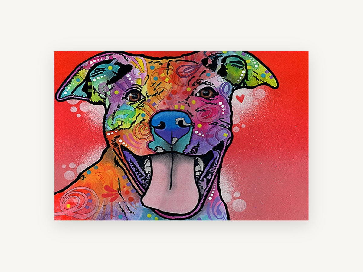 Grinning Rainbow Pitbull, colourful pop art pitbull portrait, animal canvas wall art print, front view