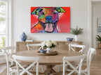 Grinning Rainbow Pitbull animal canvas print on the wall of a Hamptons dining room