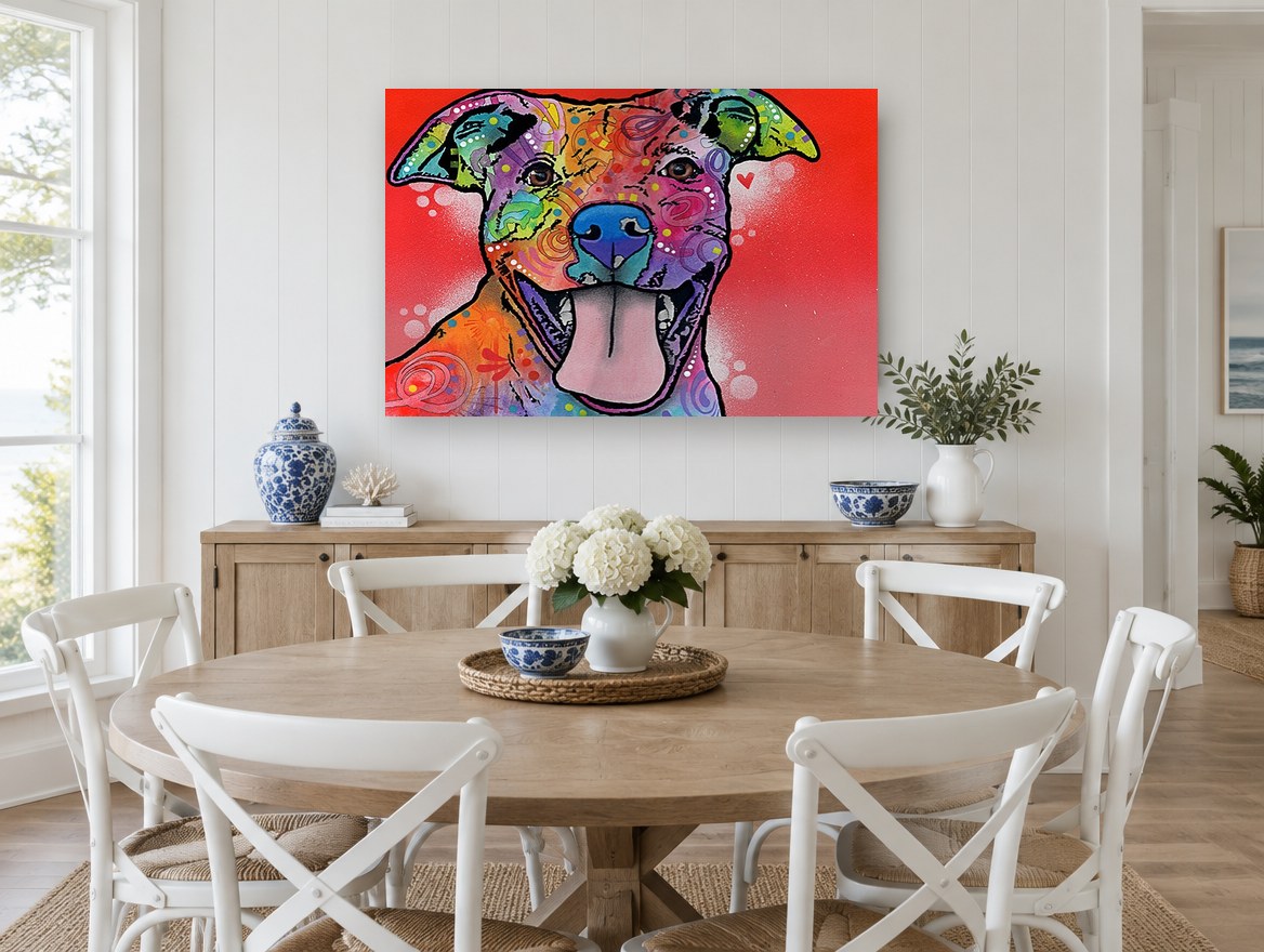 Grinning Rainbow Pitbull animal canvas print on the wall of a Hamptons dining room