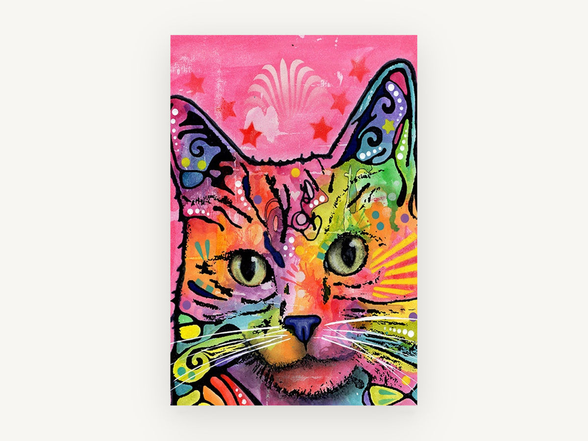 Neon Tabby Pop, colourful pop art cat illustration, animal canvas wall art print, front view