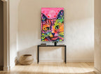 Neon Tabby Pop animal canvas print on the wall of a hallway