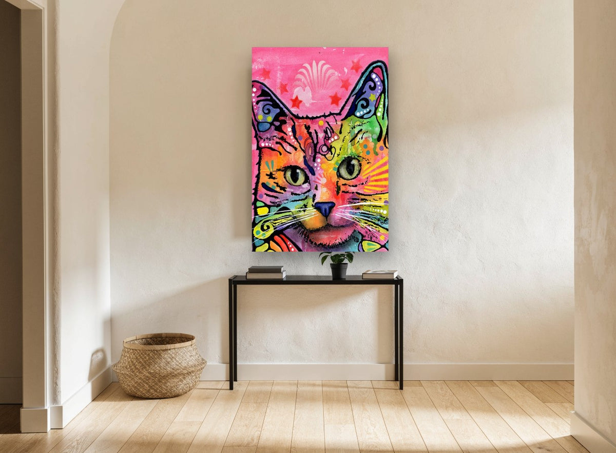 Neon Tabby Pop animal canvas print on the wall of a hallway