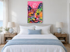 Neon Tabby Pop animal canvas print on the wall of a bedroom