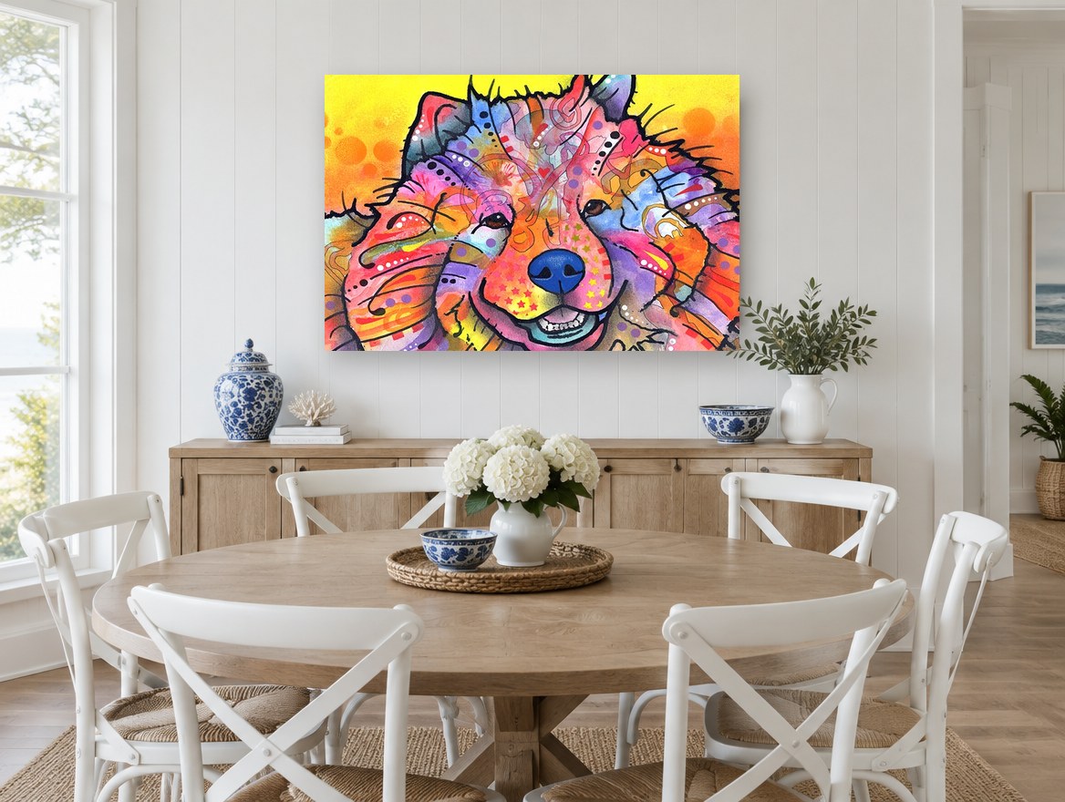 Smiling Rainbow Pup animal canvas print on the wall of a Hamptons dining room