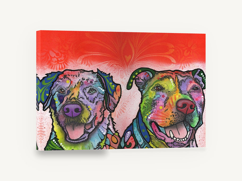 Two Bright Pups, colourful pop art dog portrait, animal canvas wall art print ready to hang