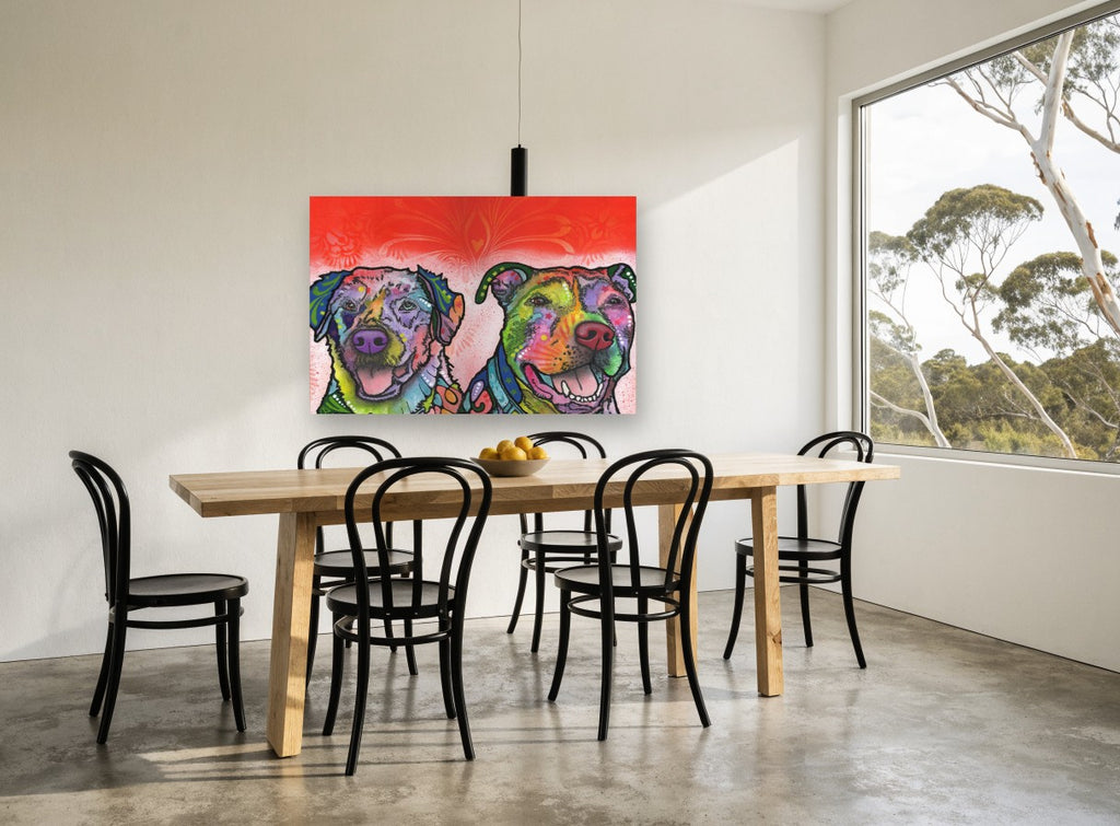Two Bright Pups animal canvas print on the wall of a dining room