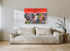 Two Bright Pups animal canvas print on the wall of a living room