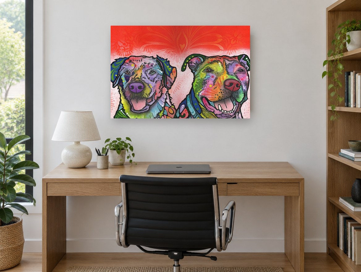 Two Bright Pups animal canvas print on the wall of a study