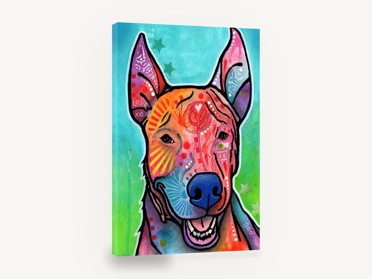 Boo the Rainbow Pup, colourful pop art dog portrait, animal canvas wall art print ready to hang