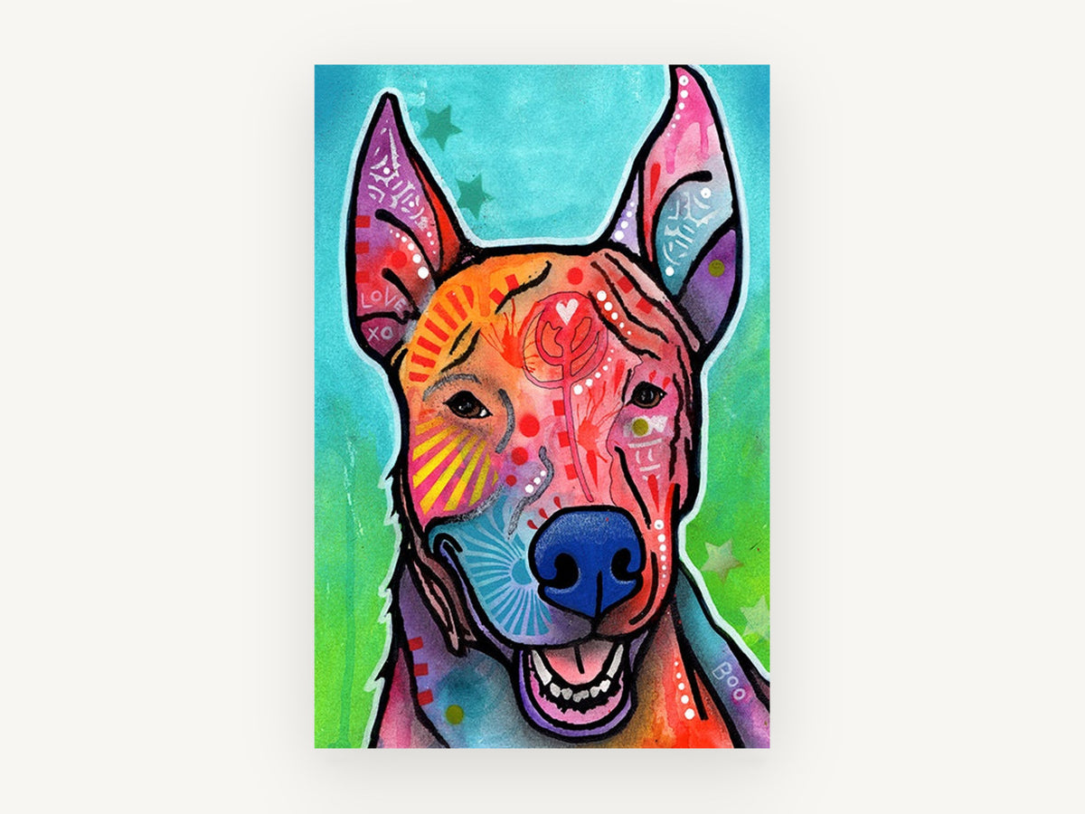 Boo the Rainbow Pup, colourful pop art dog portrait, animal canvas wall art print, front view