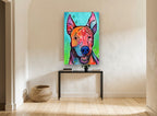Boo the Rainbow Pup animal canvas print on the wall of a hallway
