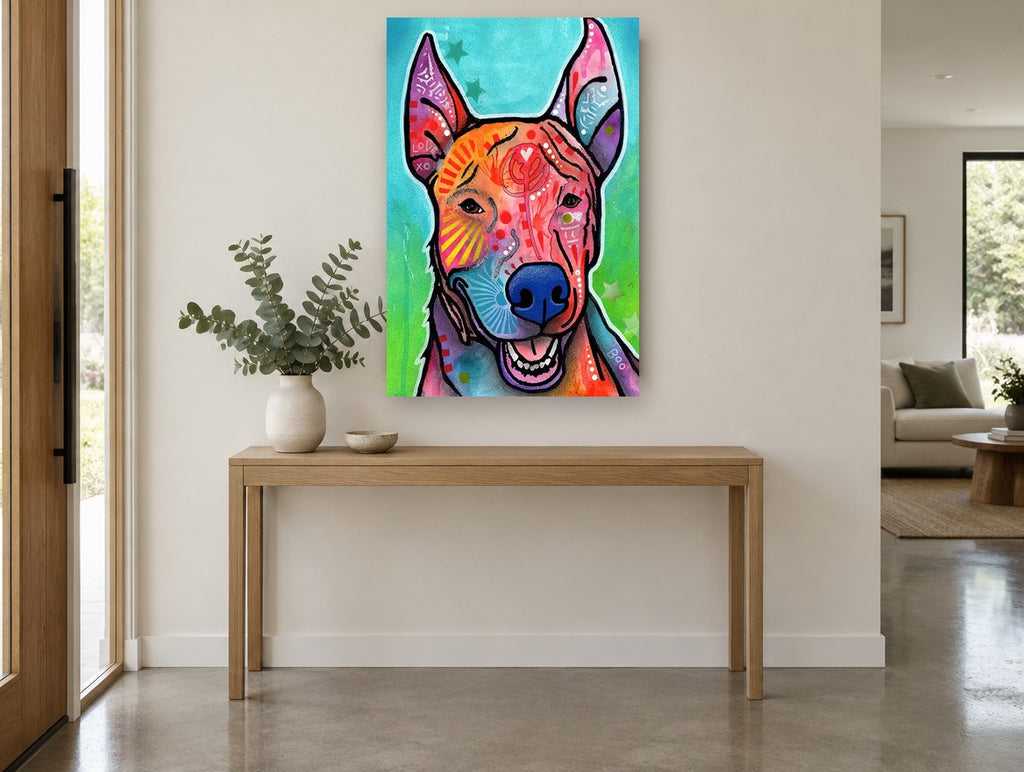 Boo the Rainbow Pup animal canvas print on the wall of a entry hall