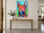Boo the Rainbow Pup animal canvas print on the wall of a entry hall