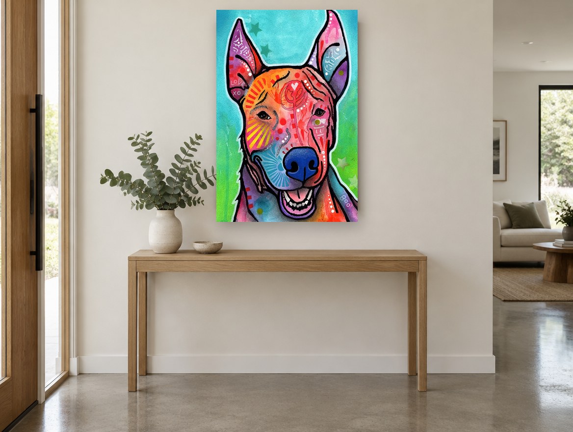 Boo the Rainbow Pup animal canvas print on the wall of a entry hall