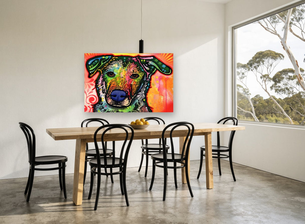 Neon Pop Pup animal canvas print on the wall of a dining room