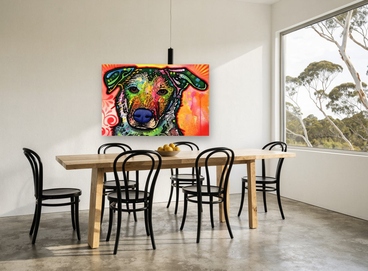 Neon Pop Pup animal canvas print on the wall of a dining room