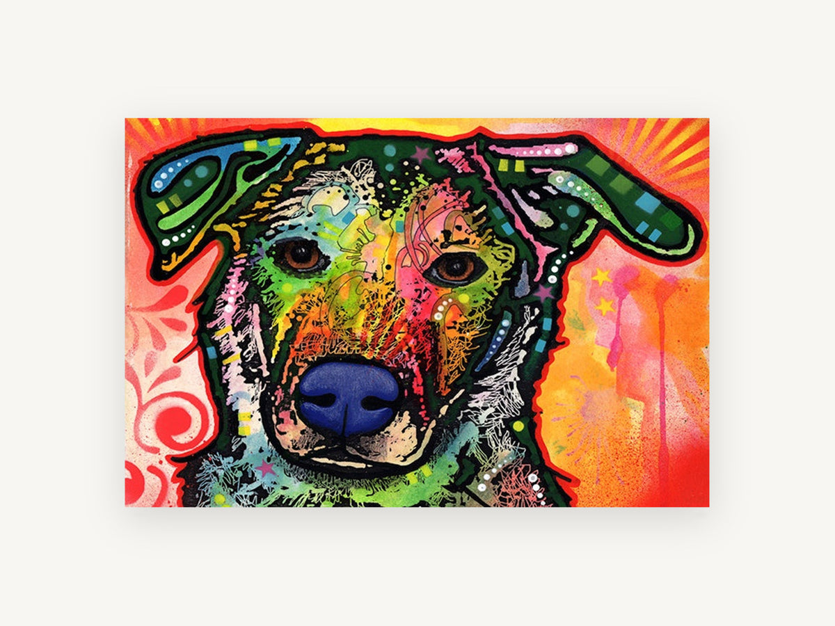 Neon Pop Pup, colourful pop art dog portrait, animal canvas wall art print, front view