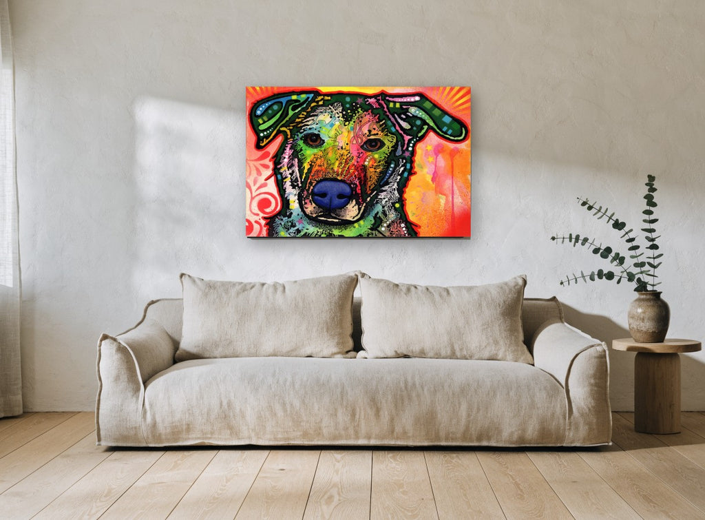 Neon Pop Pup animal canvas print on the wall of a living room