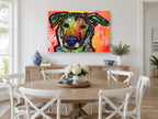 Neon Pop Pup animal canvas print on the wall of a Hamptons dining room