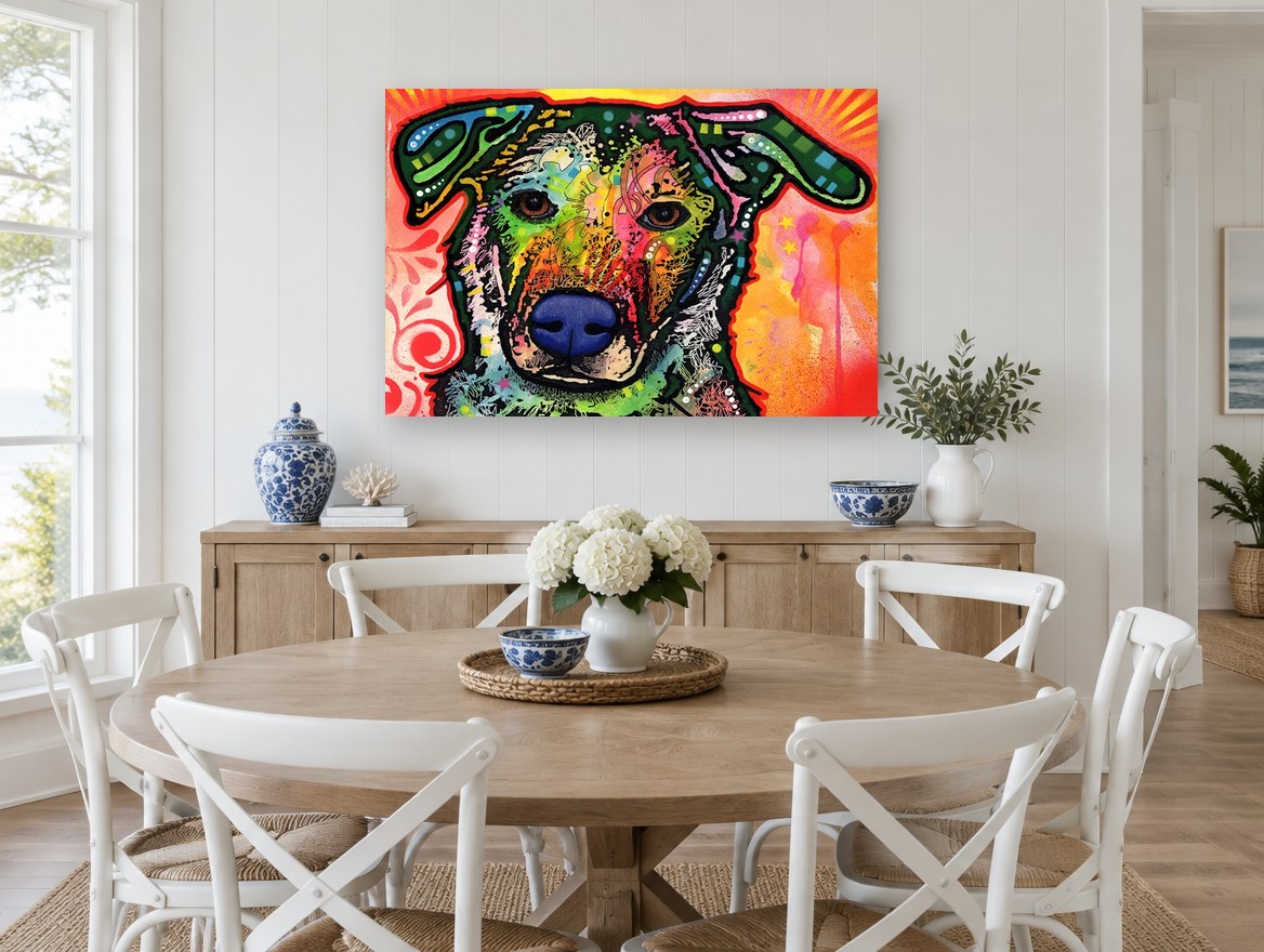 Neon Pop Pup animal canvas print on the wall of a Hamptons dining room