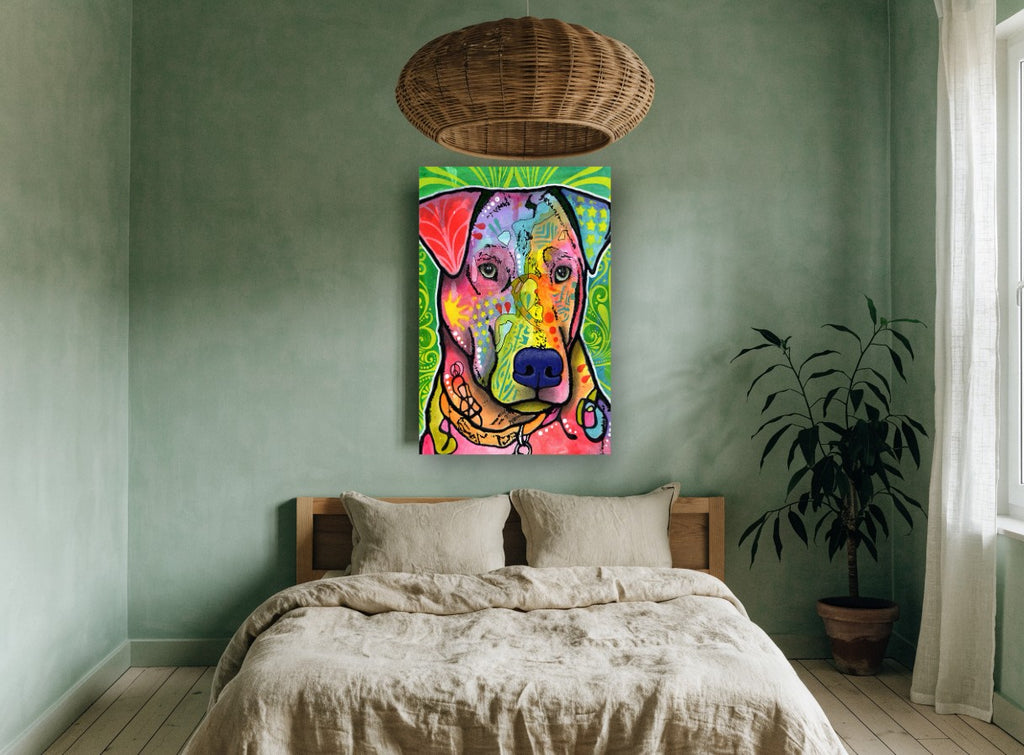 Patchwork Pup Portrait animal canvas print on the wall of a bedroom