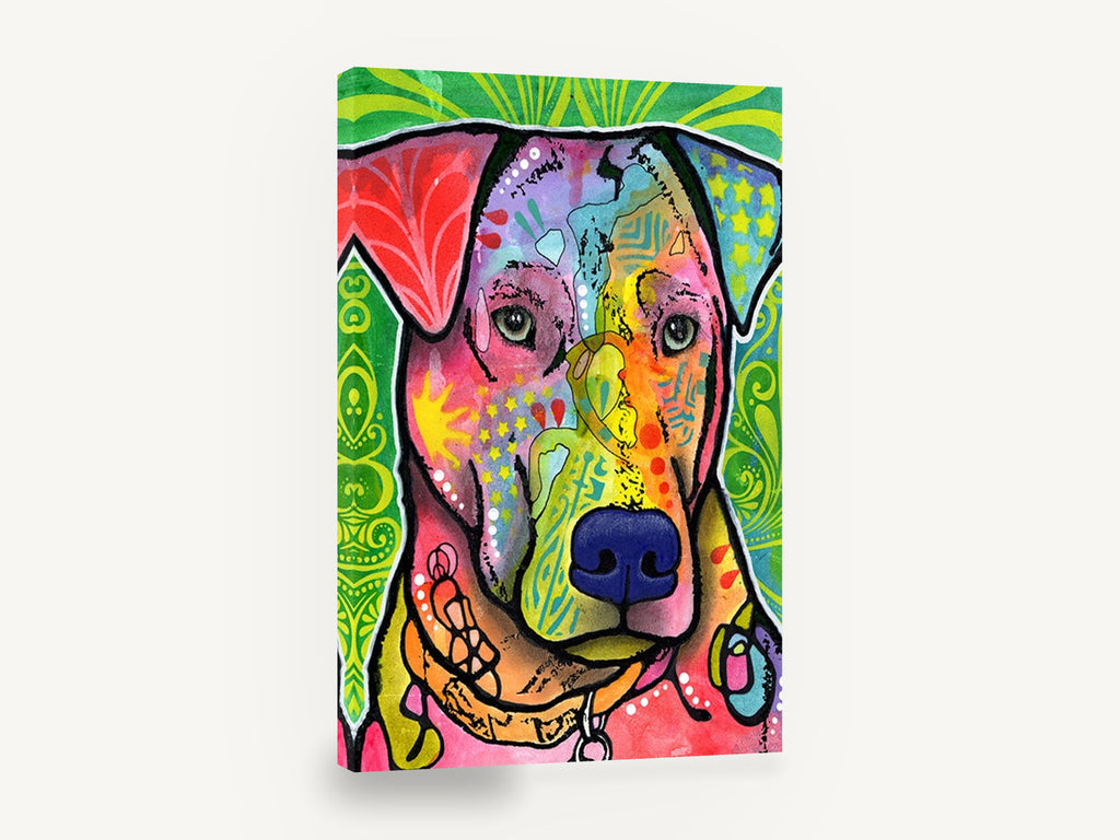Patchwork Pup Portrait, colourful pop art dog portrait, animal canvas wall art print ready to hang
