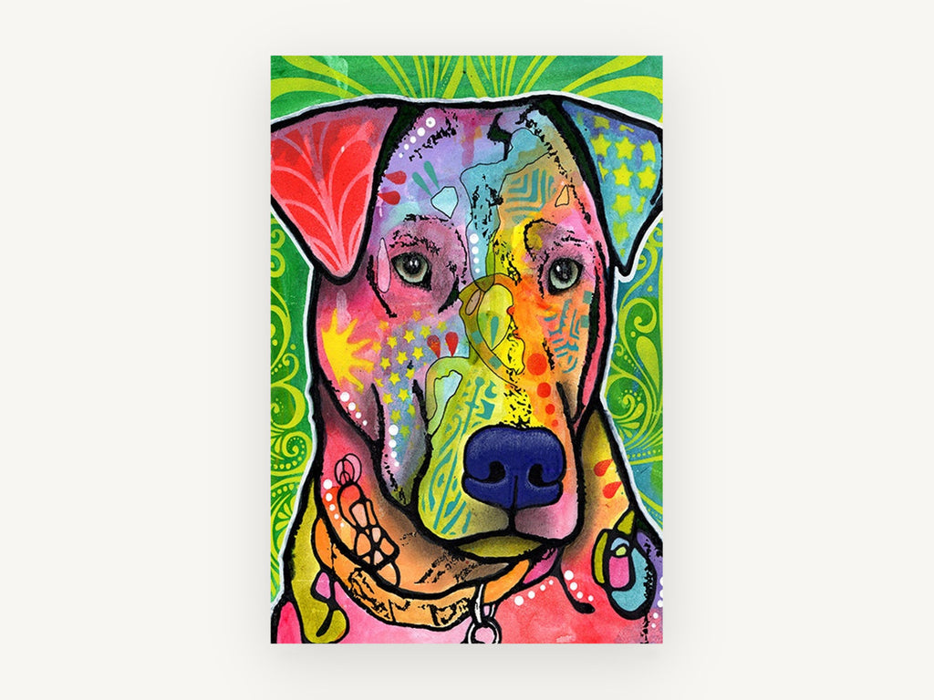 Patchwork Pup Portrait, colourful pop art dog portrait, animal canvas wall art print, front view