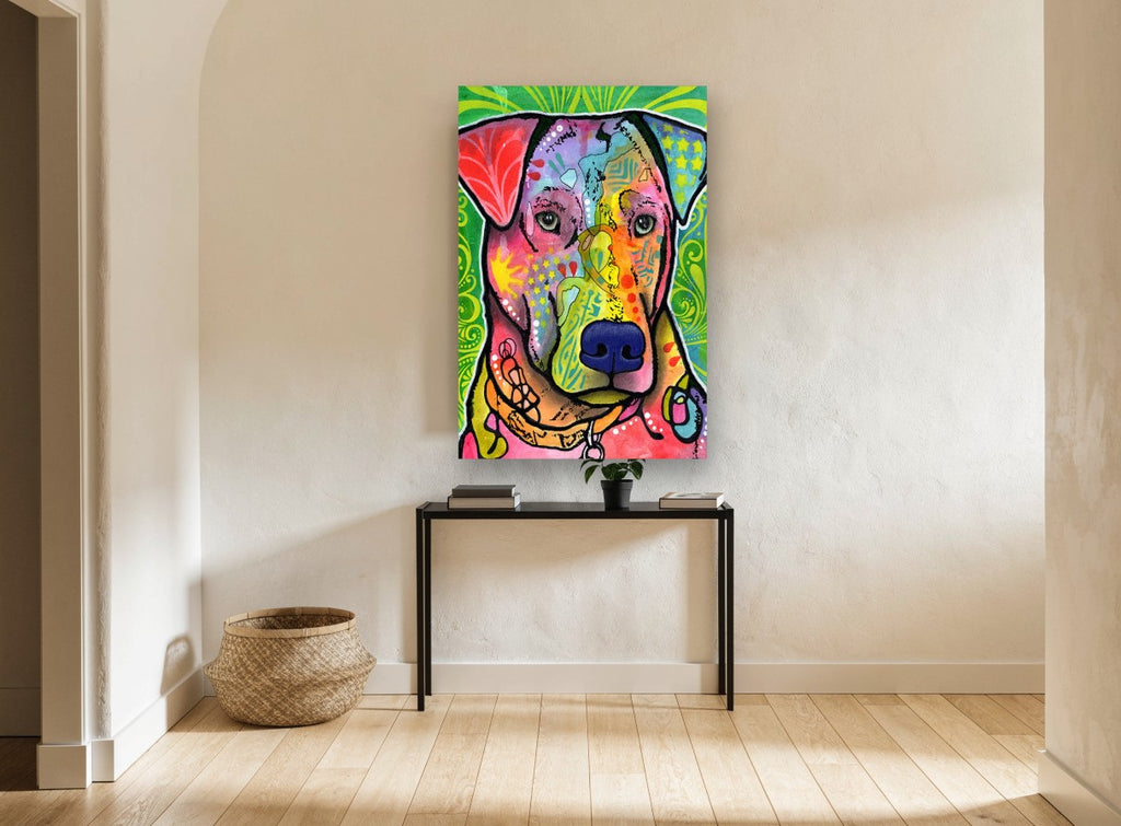 Patchwork Pup Portrait animal canvas print on the wall of a hallway